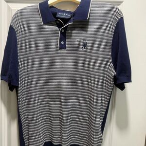 Psycho Bunny Navy & White Striped Polo with Contrast Collar